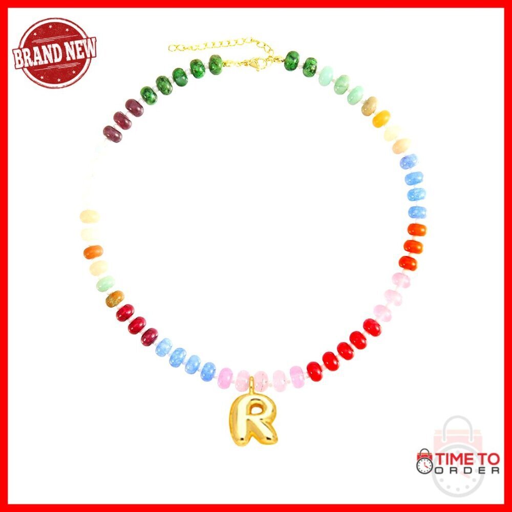 Gold Bubble Letter Pendant Necklace, 14K Gold-Plated Beaded Choker, Adjustable